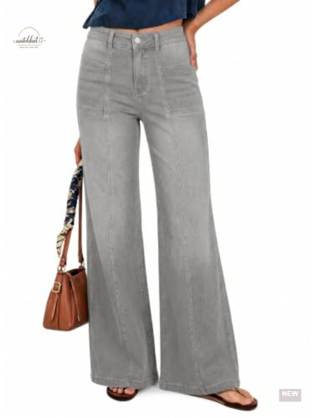 High Waisted Wide Leg Flared Jeans Stretchy Knit Denim Pants with Pockets